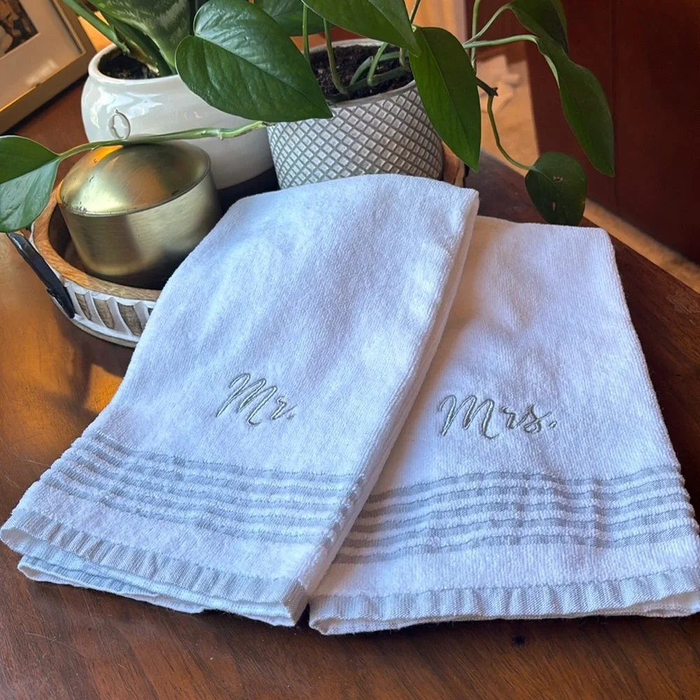 White Mr. & Mrs. Velour Sonoma Hand Towels. 16 x 23 inches